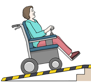 Zeichnung einer Frau, die im Rollstuhl eine Rampe hinauf fährt.