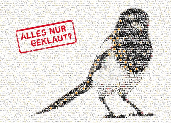 Key Visual der Ausstellung: Eine Elster, zusammengesetzt aus vielen Einzelbildern, und ein roter Stempel mit der Aufschrift "Alles nur geklaut".