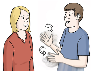 Zeichnung: ein Mann und eine Frau unterhalten sich in Gebärdensprache